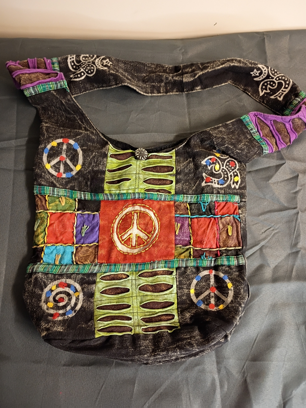 Handcrafted Patchwork Hobo Bag with Peace Sign - Black & Multicolor